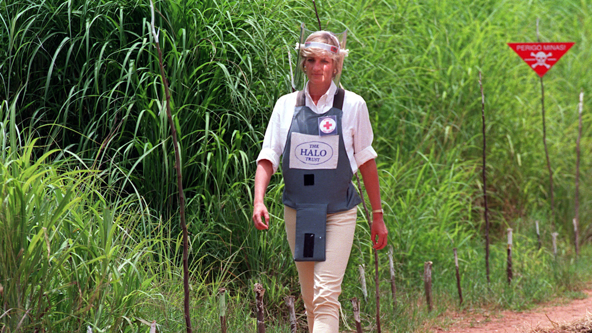 Princess Diana at a minefield in Angola, January 1997 (Picture: PA images).