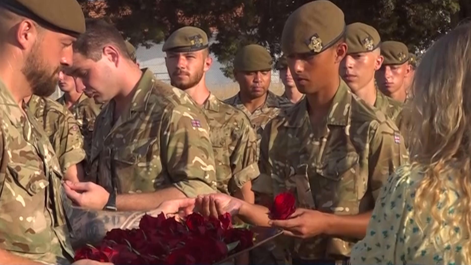 Princess of Wales's Royal Regiment honours their antecedent regiment by wearing red roses on parade Minden Day 30082024 CREDIT BFBS