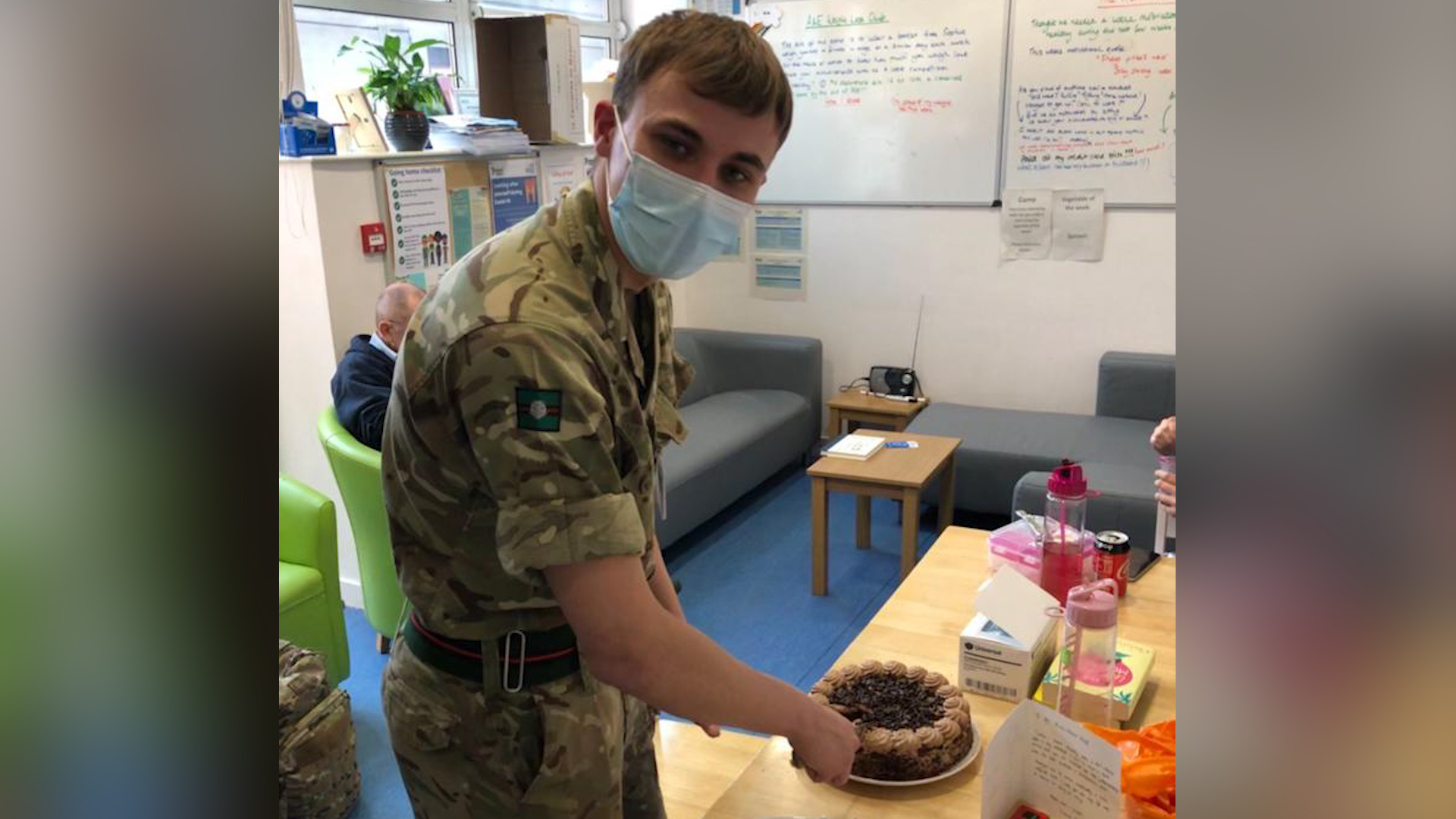 Cover image: Private Brandon Dean was surprised with a birthday cake and a card during his break (Picture: British Army).