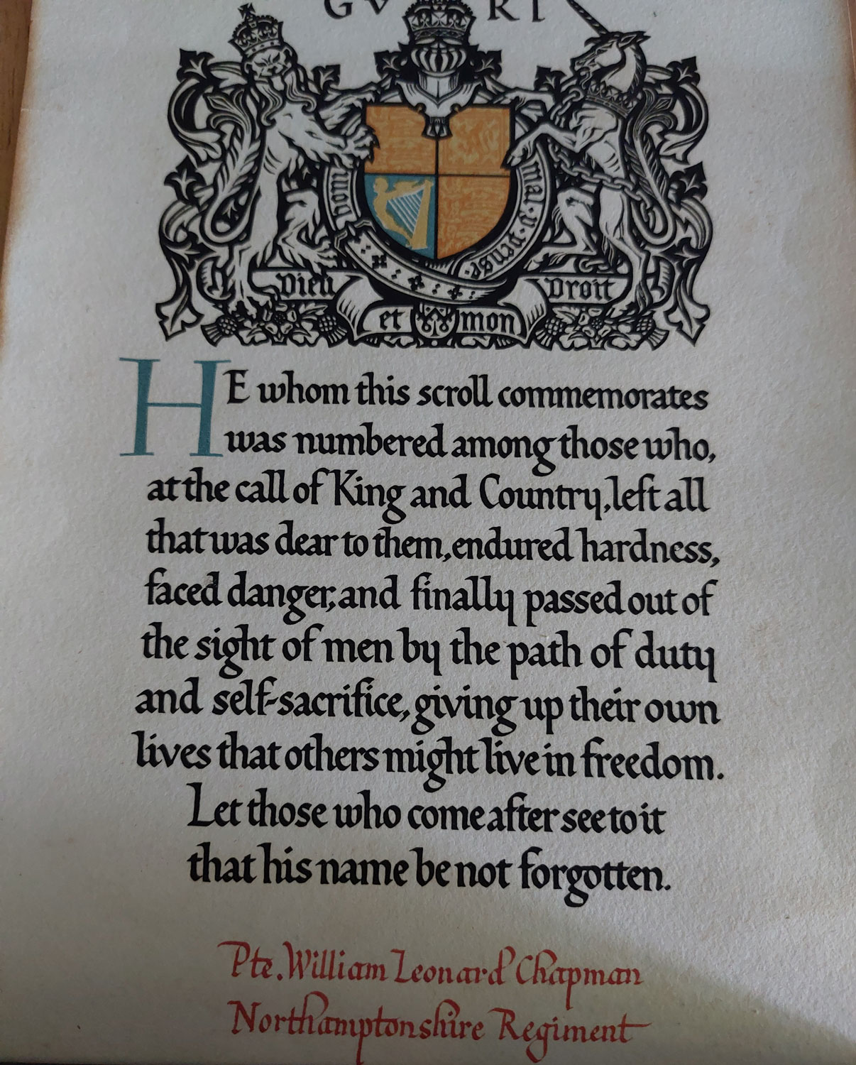 Private William Leonard Chapman scroll CREDIT Barbara Daniels