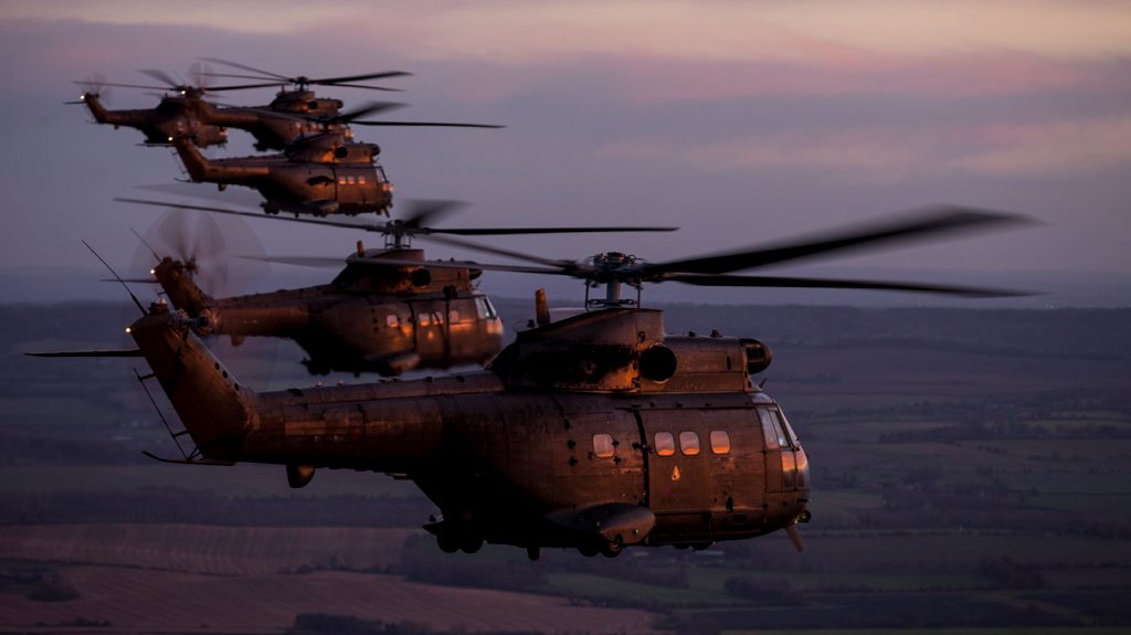 formation of five RAF Puma helicopters (5-Ship) from 33 Sqn, RAF Benson