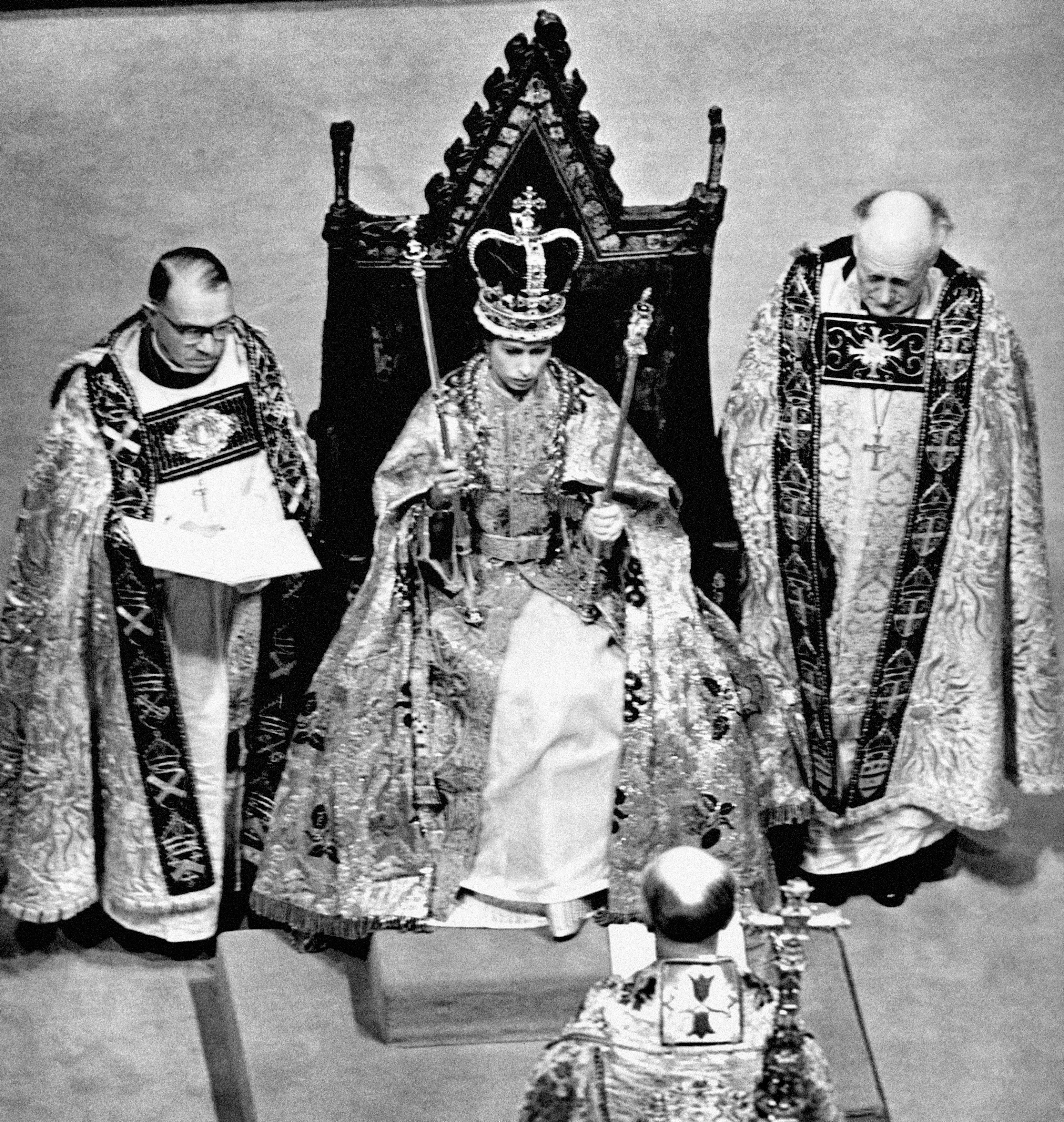 Queen Elizabeth II during her coronation at Westminster Abbey