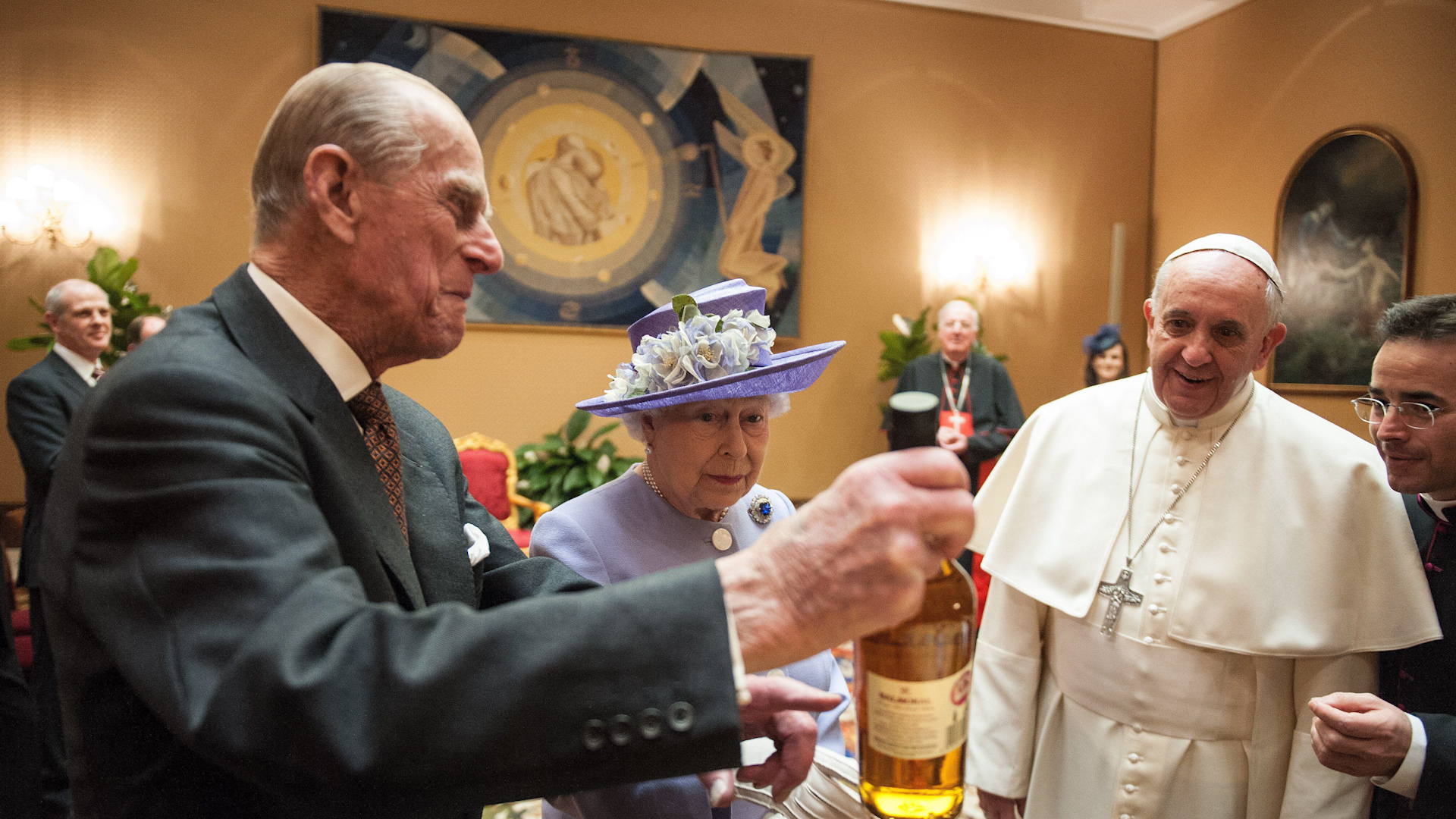Queen Elizabeth and Prince Philip meet Pope Francis for the first time during a private audience in a room next to the Paul VI auditorium in the Vatican 030414 CREDIT Abaca Press Alamy Stock Photo