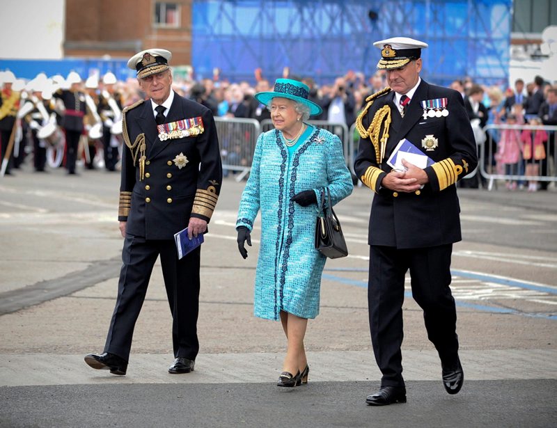 Queen Elizabeth next to Duke of Edinurgh and First Sea Lord as she officially named Navy aircraft carrier HMS Queen Elizabeth at Rosyth 040714 CREDIT MOD.jpeg
