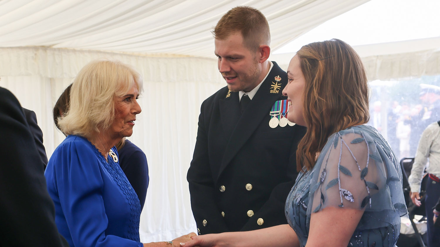 Queen Camilla meets sailors at a ceremony on HMS Astute in Plymouth CREDIT Royal Navy