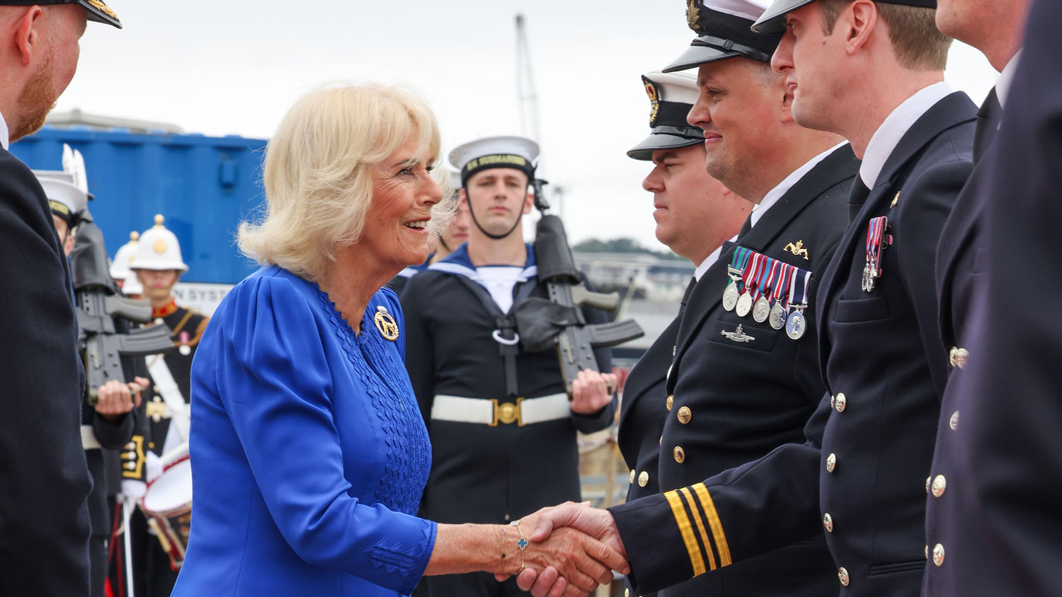 Queen Camilla meets sailors at a ceremony on HMS Astute in Plymouth CREDIT Royal Navy