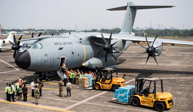 RAF A400M delivering supplies to earthquake and tsunami victims in Indonesia in 2018 (Picture: MOD).