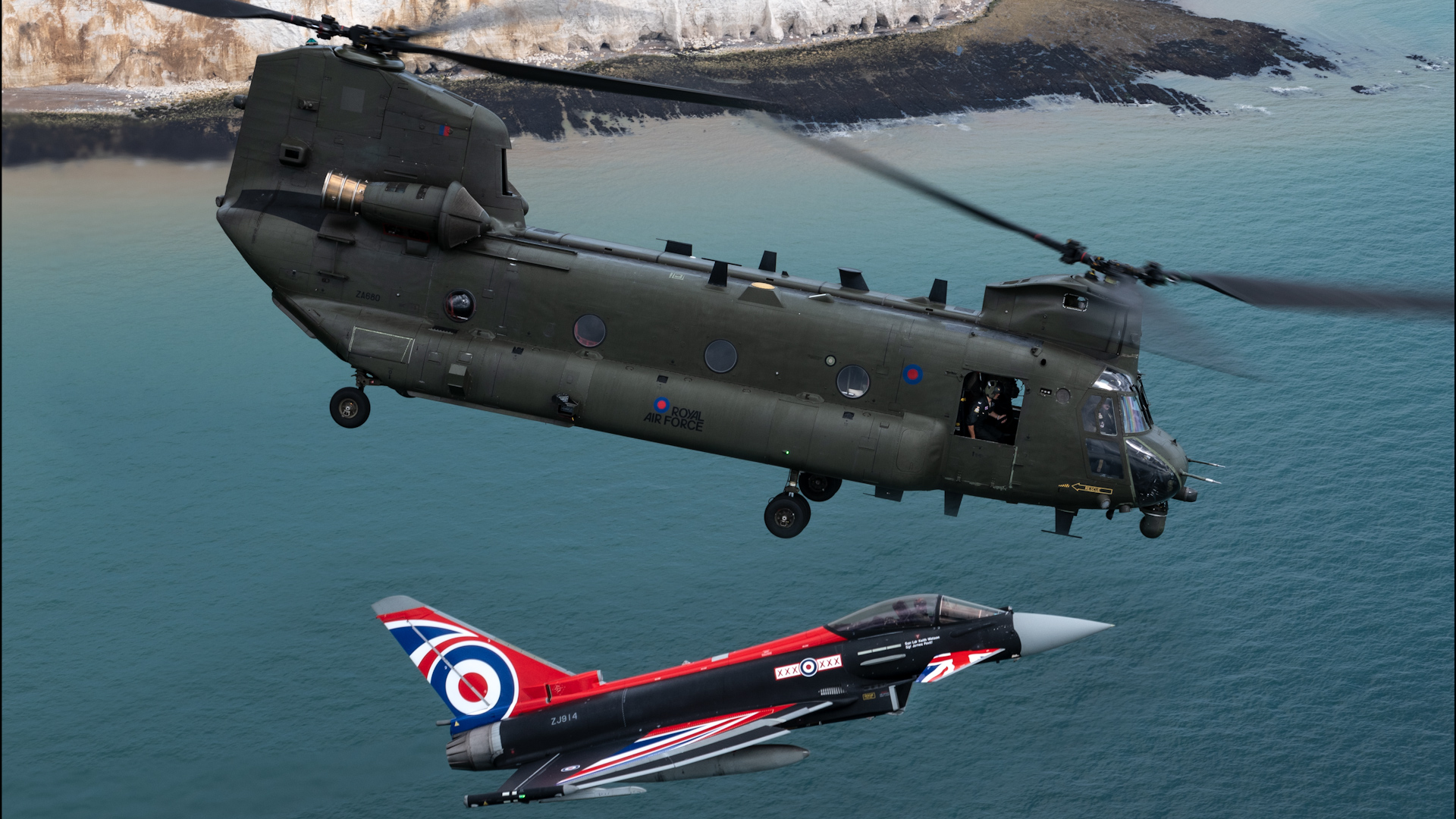 RAF Chinook and Typhoon jet training over the White Cliffs of Dover 