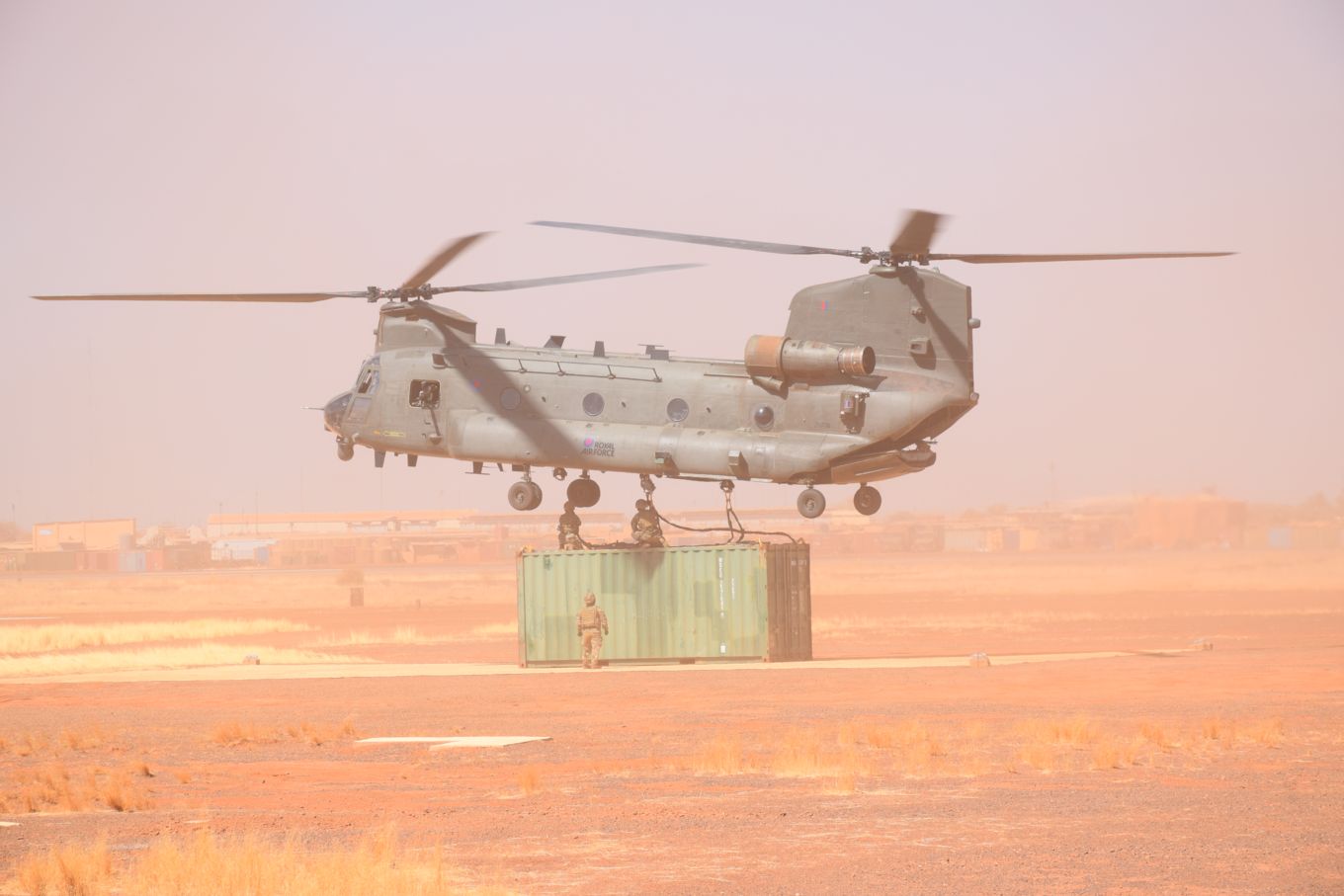 RAF Chinook lifted a large fuel container in support of Operation Barkhane, the French counter insurgency operation in the West African Sahel region 