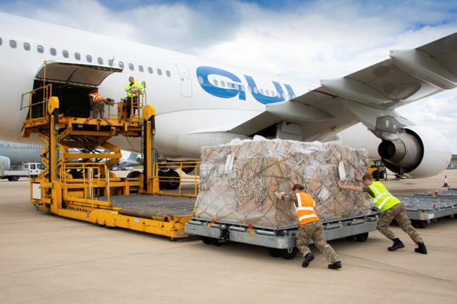 RAF Logistics Team loading aid bound for Nepal at RAF Brize Norton