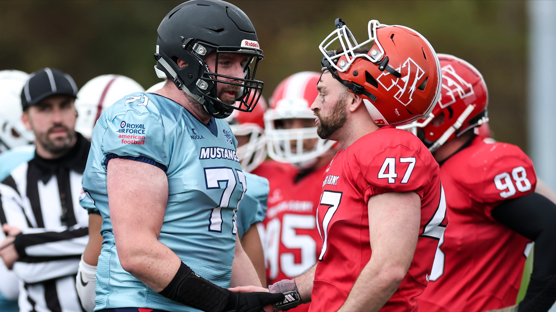 RAF Mustangs and British Army Jackals opponents shake hands after the Mustangs win IS American Football 2025 (Picture: Alligin Photography)