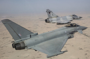 RAF Typhoon and Qatar Air Force Mirage during joint exercise