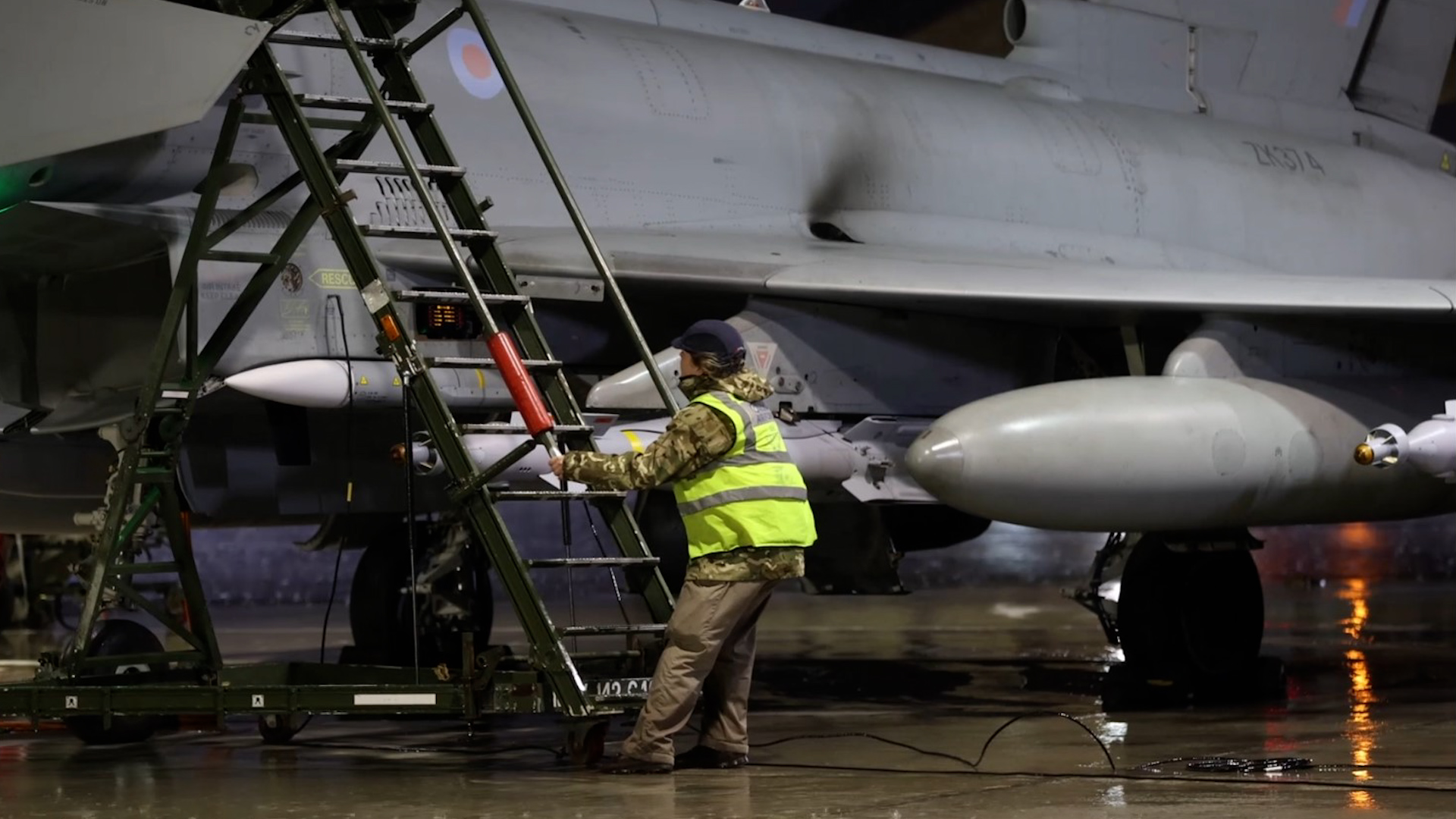 Meteor missile can be seen next to the engine intake while Paveway IVs are either side of the fuel tank under the middle of the wing