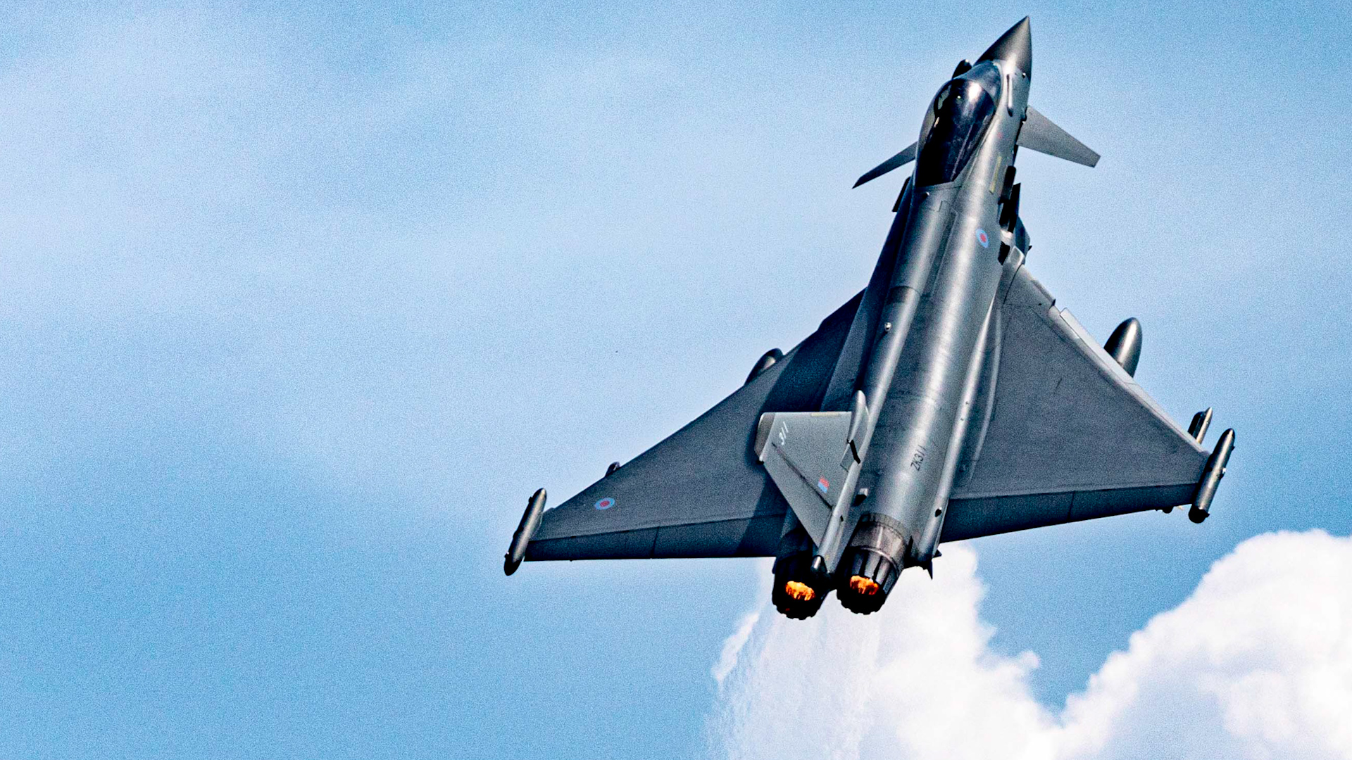 RAF Typhoon based in Romania seen in the sky as part of Ex Swift Response in North Macedonia 270522 CREDIT RAF