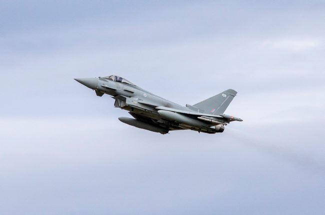 RAF Typhoon from RAF Lossiemouth jet departs Kinloss Barracks Exercise Point Blank over the North Sea
