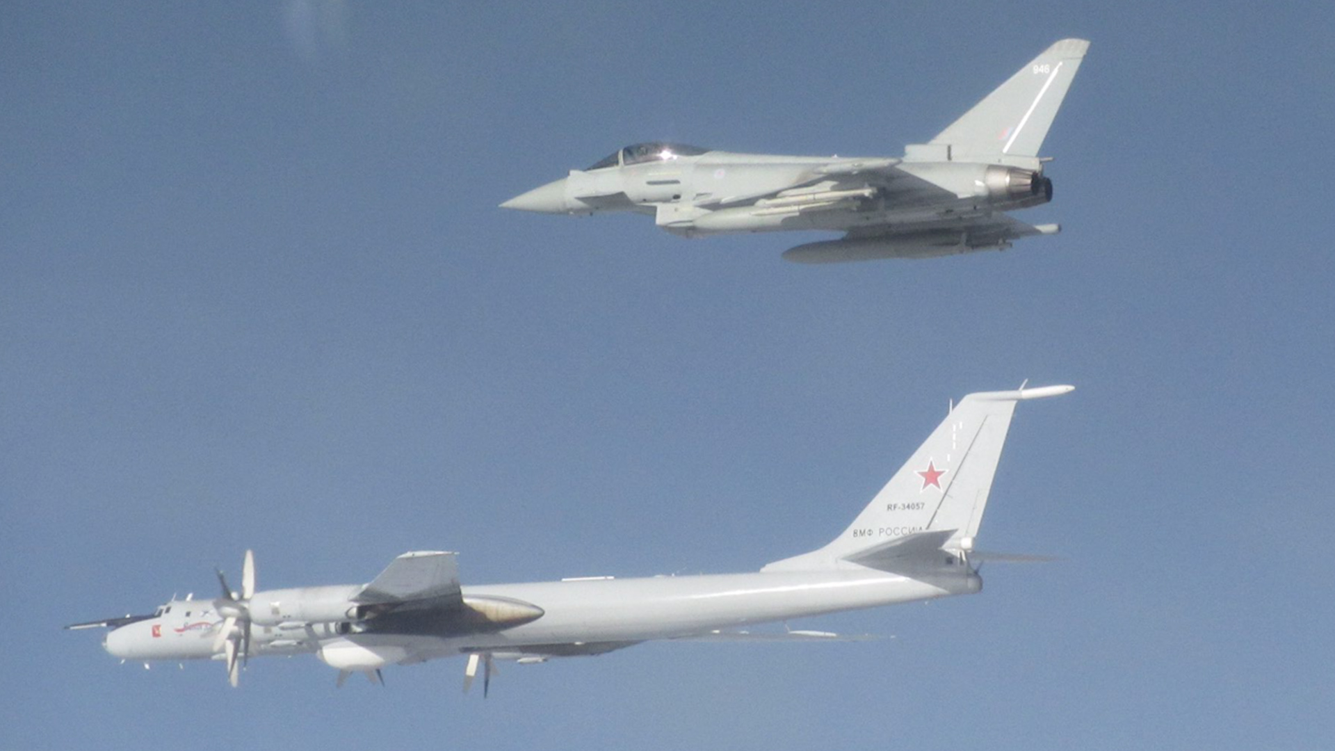 RAF Typhoon intercepts a Tupolev Tu-95 Russian bomber approaching UK airspace (Picture: RAF).