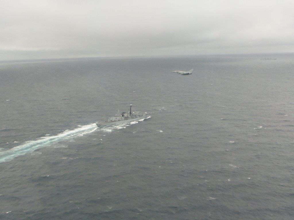 An RAF Typhoon flies over HMS Sutherland in the High North - it was the first time the UK has operated Typhoons in the region (Picture: Ministry of Defence).