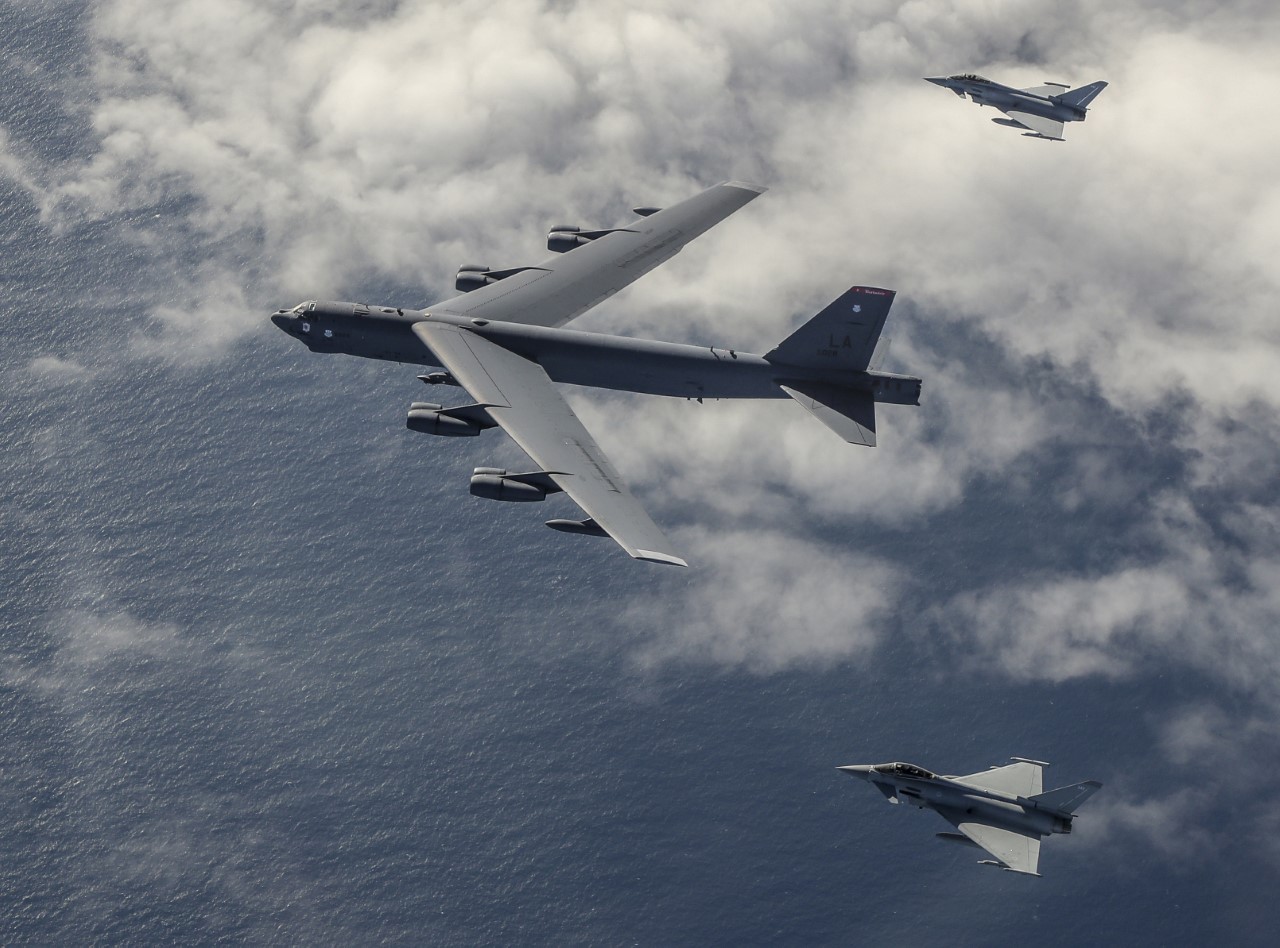 A USAF B-52 flanked by RAF Typhoons (Picture: RAF).
