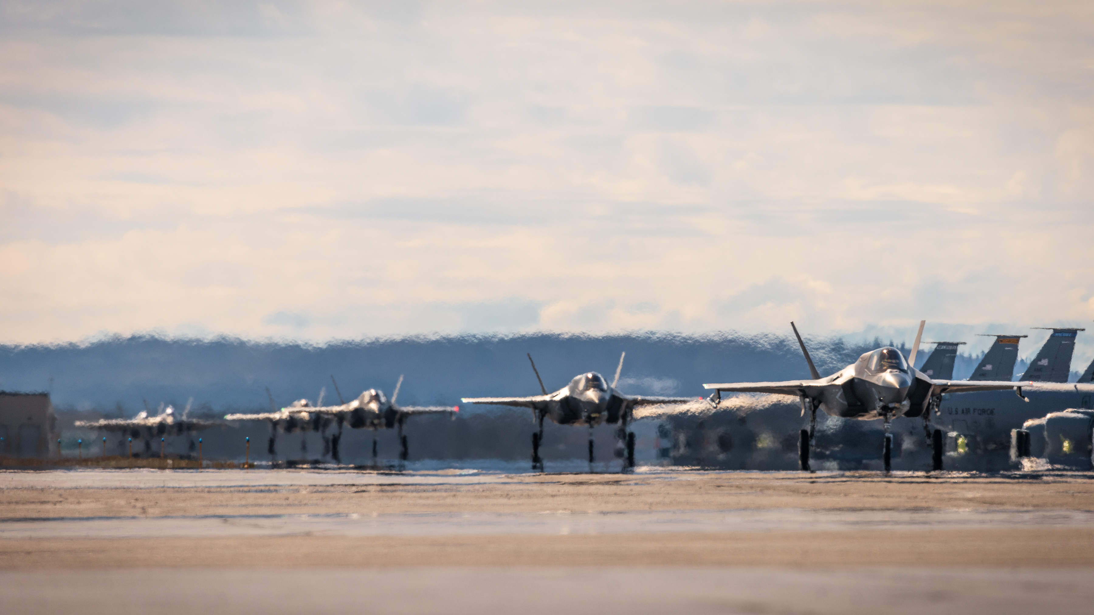 RAF and US Marine Corps F-35s on the taxiway during Ex Northern Edge at Eielson Air Force Base, Alaska (Picture: RAF).