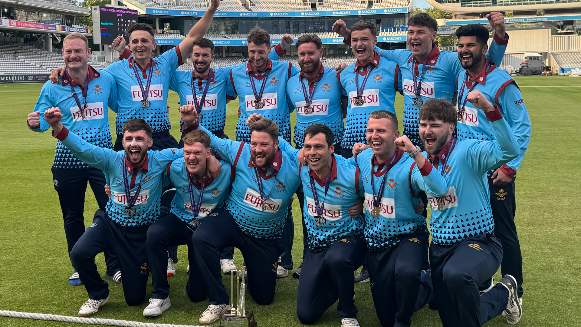 RAF cricketers celebrate with T20 Inter Services trophy at Lord's Credit BFBS DATE 22052025.jpg