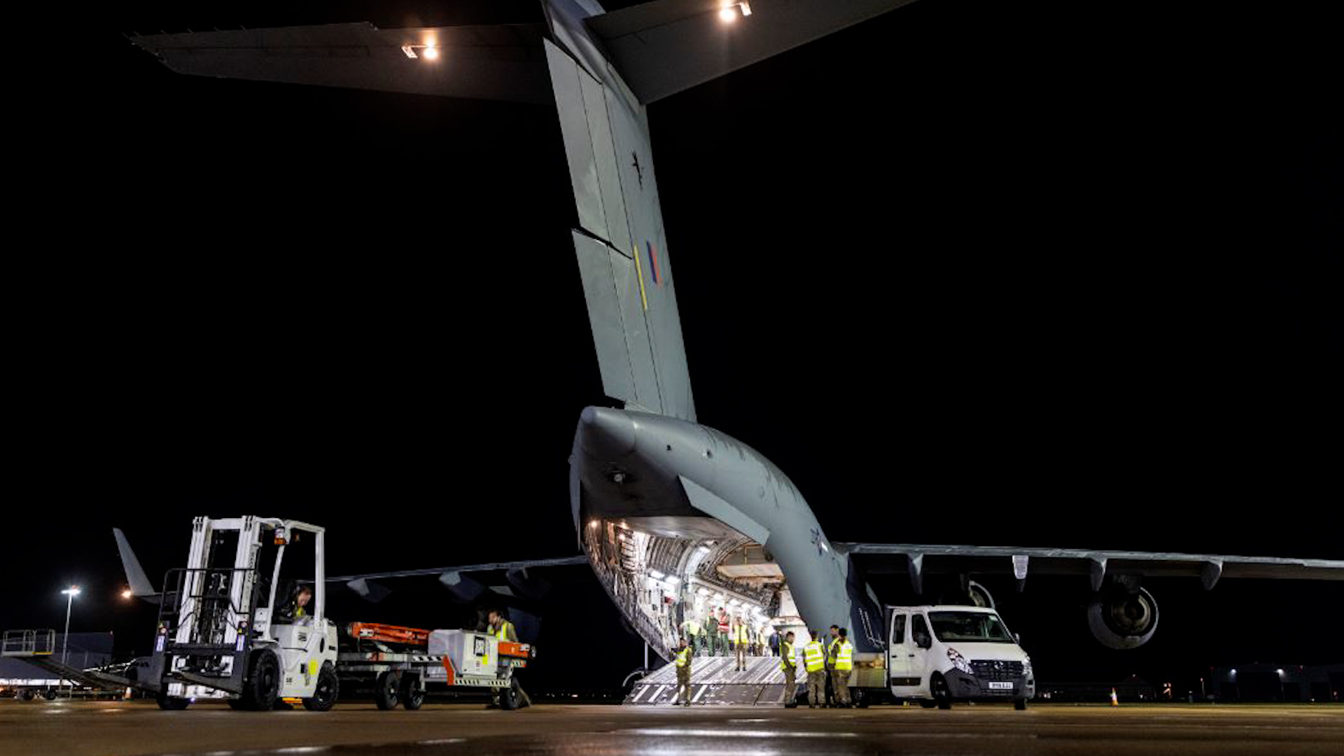 RAF flight delivering aid to Egypt, where it will be distributed in Gaza, Palestine