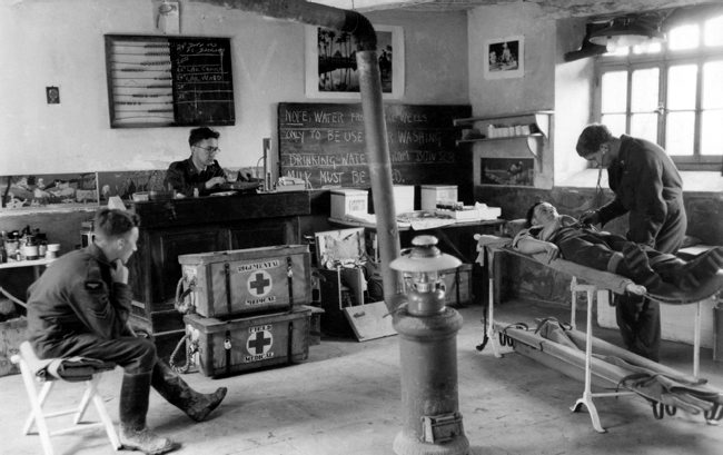 RAF medical post established in the schoolhouse at Martragny, Normandy, by 122 Wing