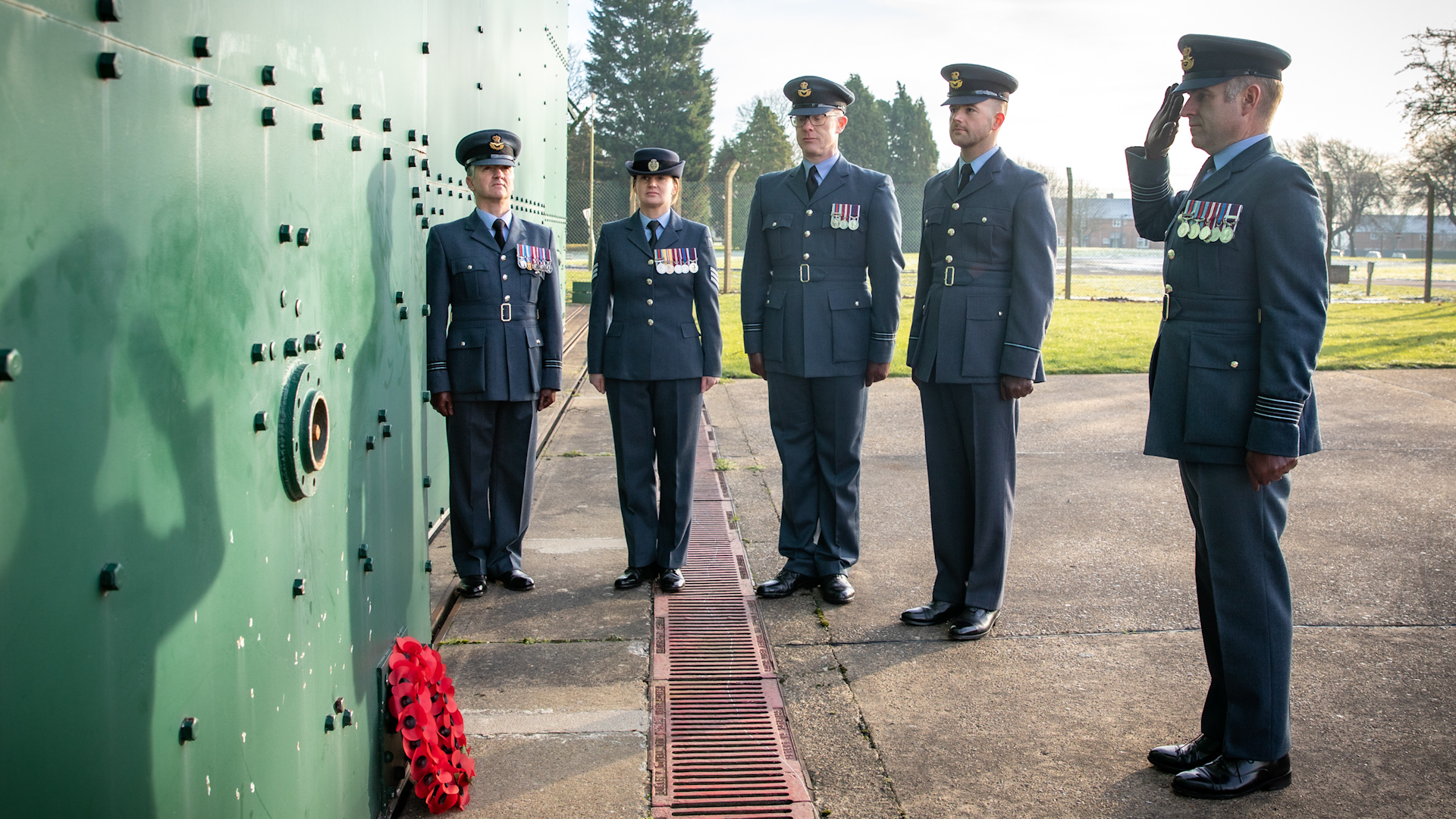 RAF personnel lay a wreath at RAF Scampton following the death of George 'Johnny' Johnson, who was the last remaining Dambuster from the Second World War