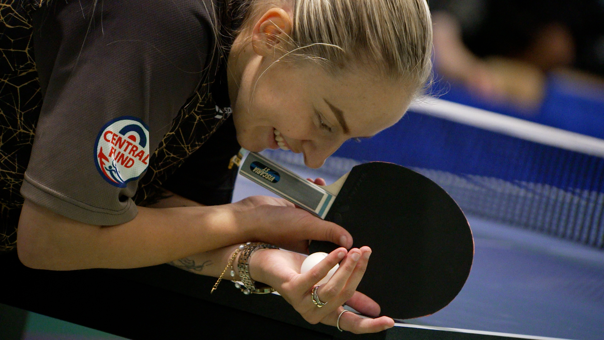 RAF top female player Darcy Proud prepares to serve in the mixed doubles finals at the RAF Championships 210826 CREDIT BFBS.jpg