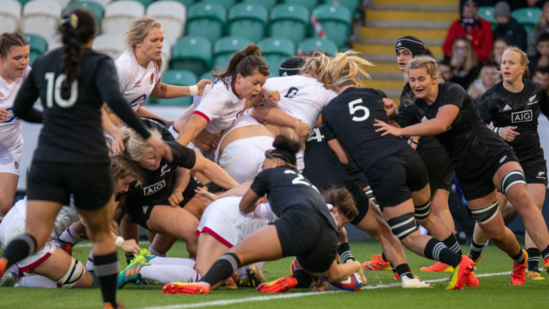 RAF's Amy Cokayne scores her third try during the international test match between England and New Zealand