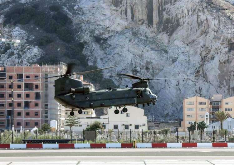 A Chinook helicopter lands in Gibraltar.
