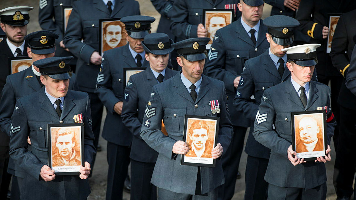 RAF personnel parade at site of Stalag Luft 3 in Zagan, Poland during a Remembrance service to commemorate the 75th Anniversary of the Great Escape CREDIT Crown Copyright