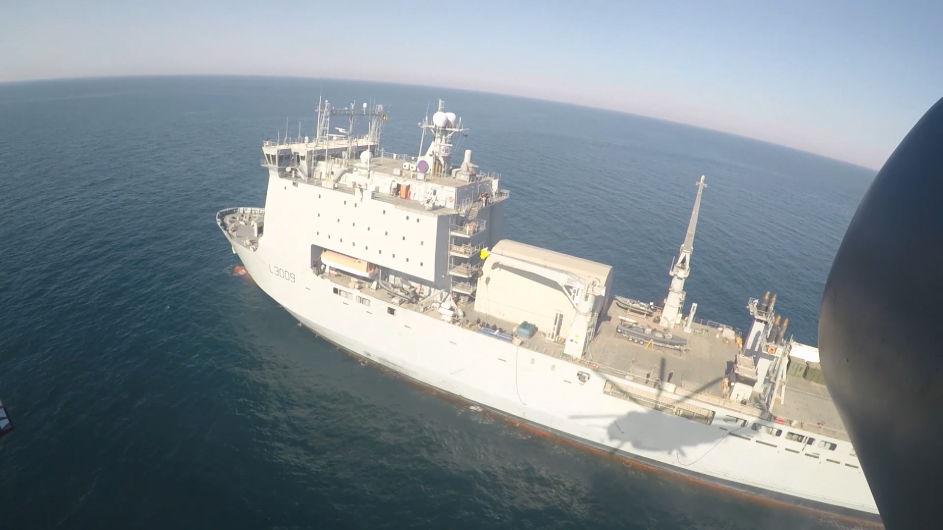 Aerial view of RFA Cardigan Bay in the Gulf on Exercise Artemis Trident.