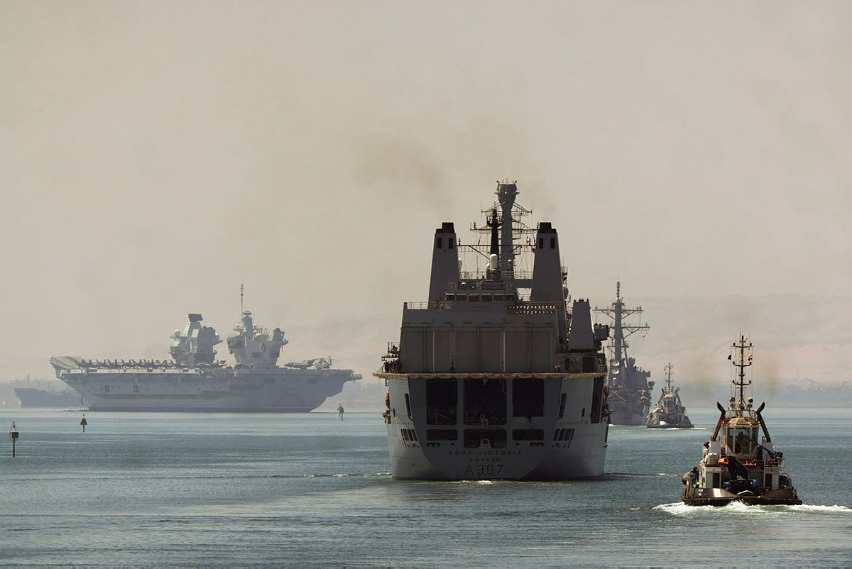 RFA Fort Victoria, USS The Sullivans and HMS Queen Elizabeth transit through the Suez Canal after completing operations in the Mediterranean on Carrier Strike Group 21 060721 CREDIT MOD