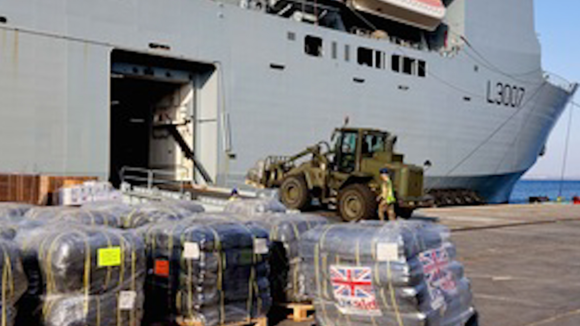 Royal Fleet Auxiliary ship Lyme Bay delivered the first UK-supplied maritime shipment of aid for Gaza (Picture: MOD)