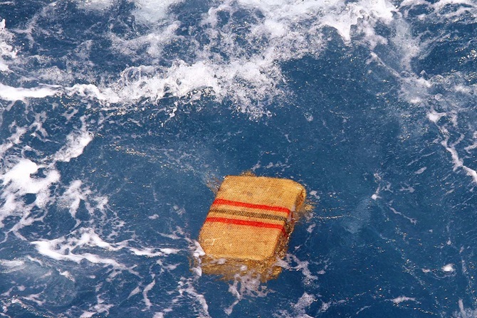 RFA Mounts Bay Seizes £190,000 Worth Of Cocaine In Drug Bust_bag of cocaine spotted in sea Credit Royal Navy 060319