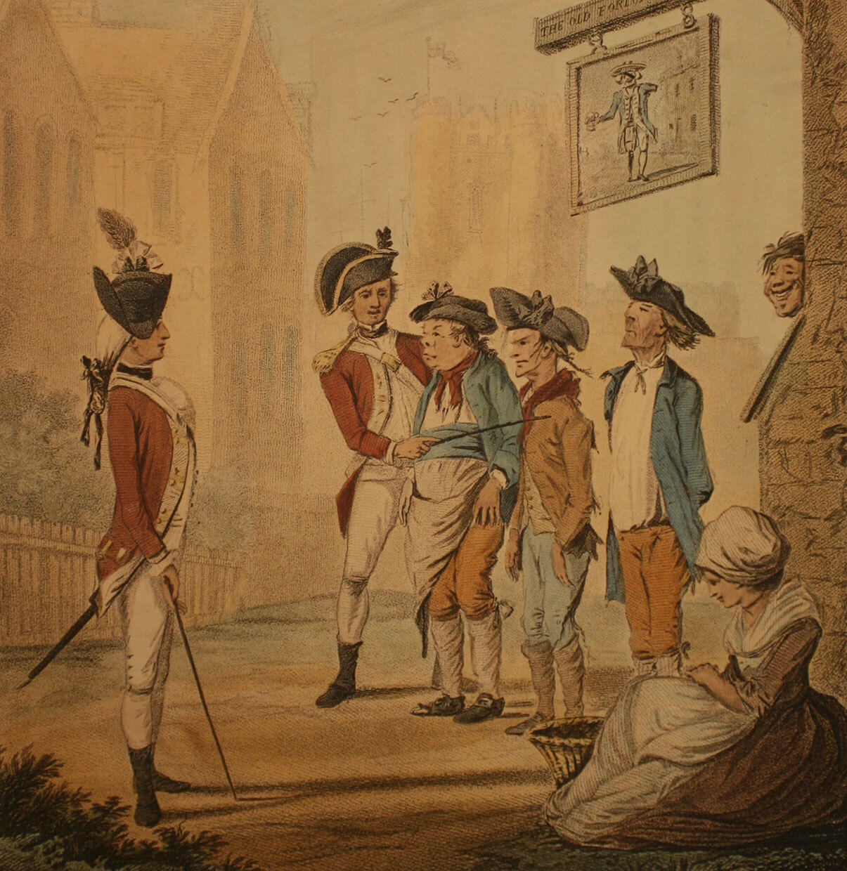 A painting showing men outside a pub being recruited into the marines in 1780