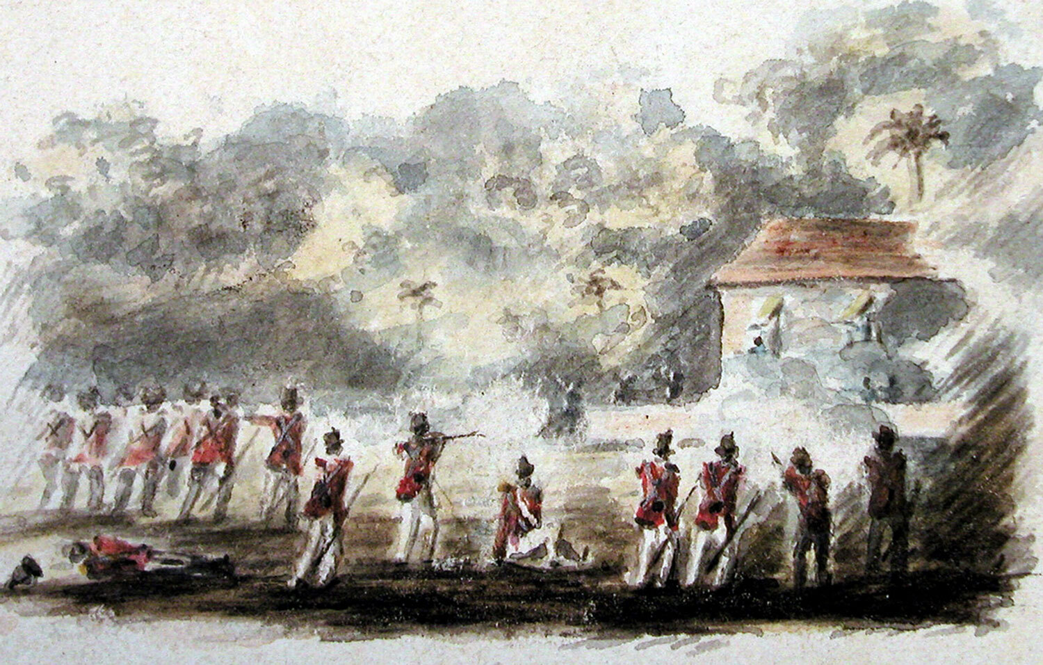 An illustration of the Royal Marines raiding St Pauls, Isle de Bourbon in 1809, during the Napleonic Wars