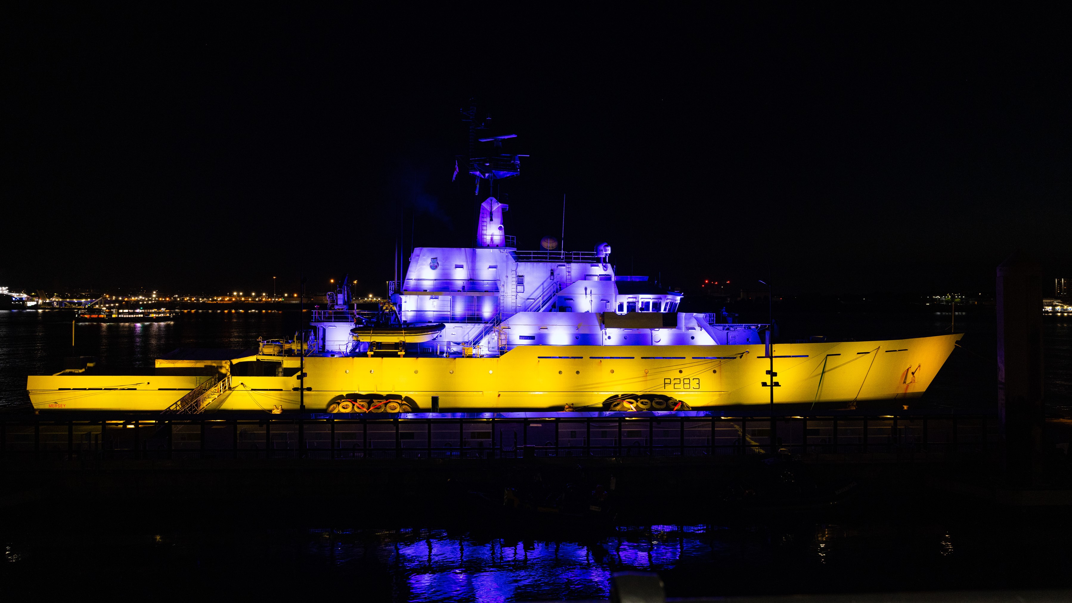 RN HMS Mersey adorned in the Ukrainian colours of blue and yellow coinciding with Eurovision 14052023 CREDIT MOD Crown Copyright