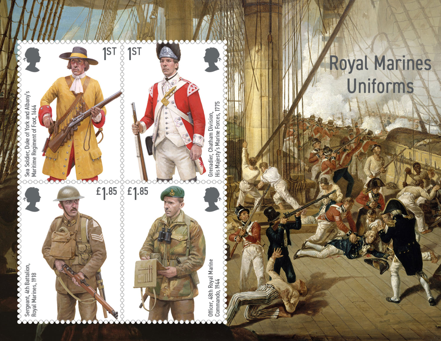 Royal-Marines-miniature-sheet-stamps-celebrating-uniform-changes-over-history-backdrop of Denis Nighton's painting of The Fall of Nelson at the Battle of Trafalgar on the upper deck of Victory CREDIT-Royal-Mail.jpg