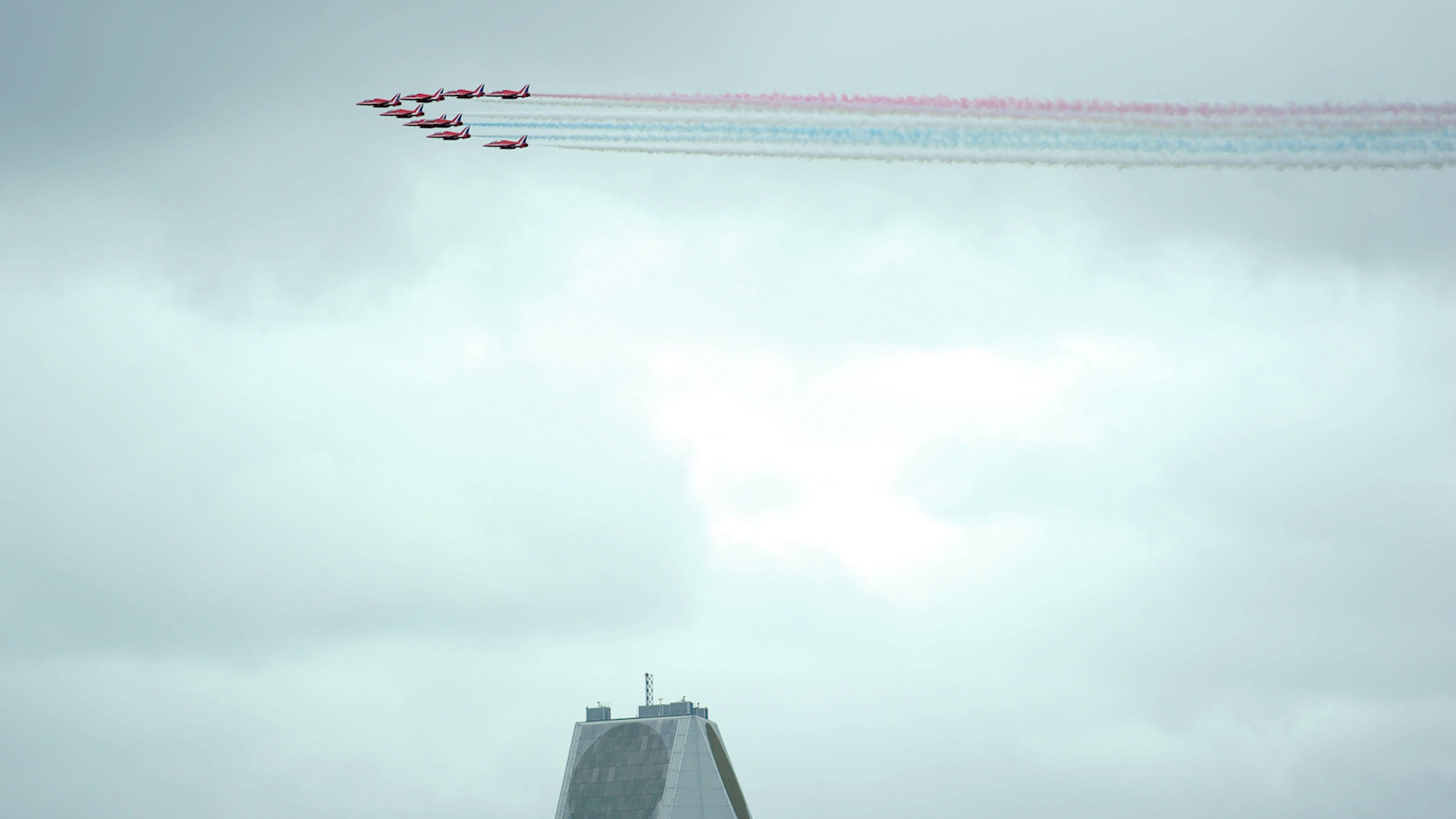 The RAF Red Arrows display team fly over RAF Fylingdales as they help mark the 50th anniversary of the early warning station which dominates the skyline between Whitby and Pickering, high on the North York Moors (Picture: PA images).