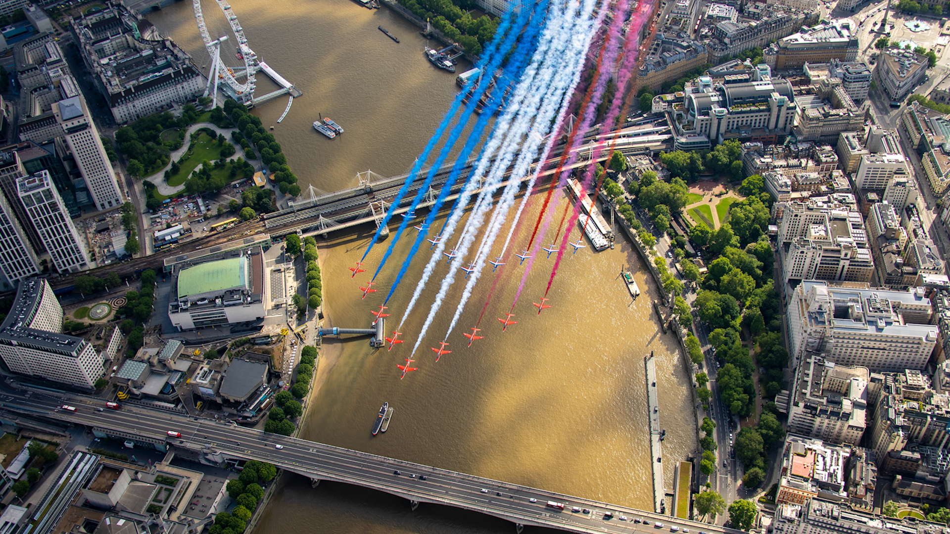 Red Arrows flying over the River Thames, London 