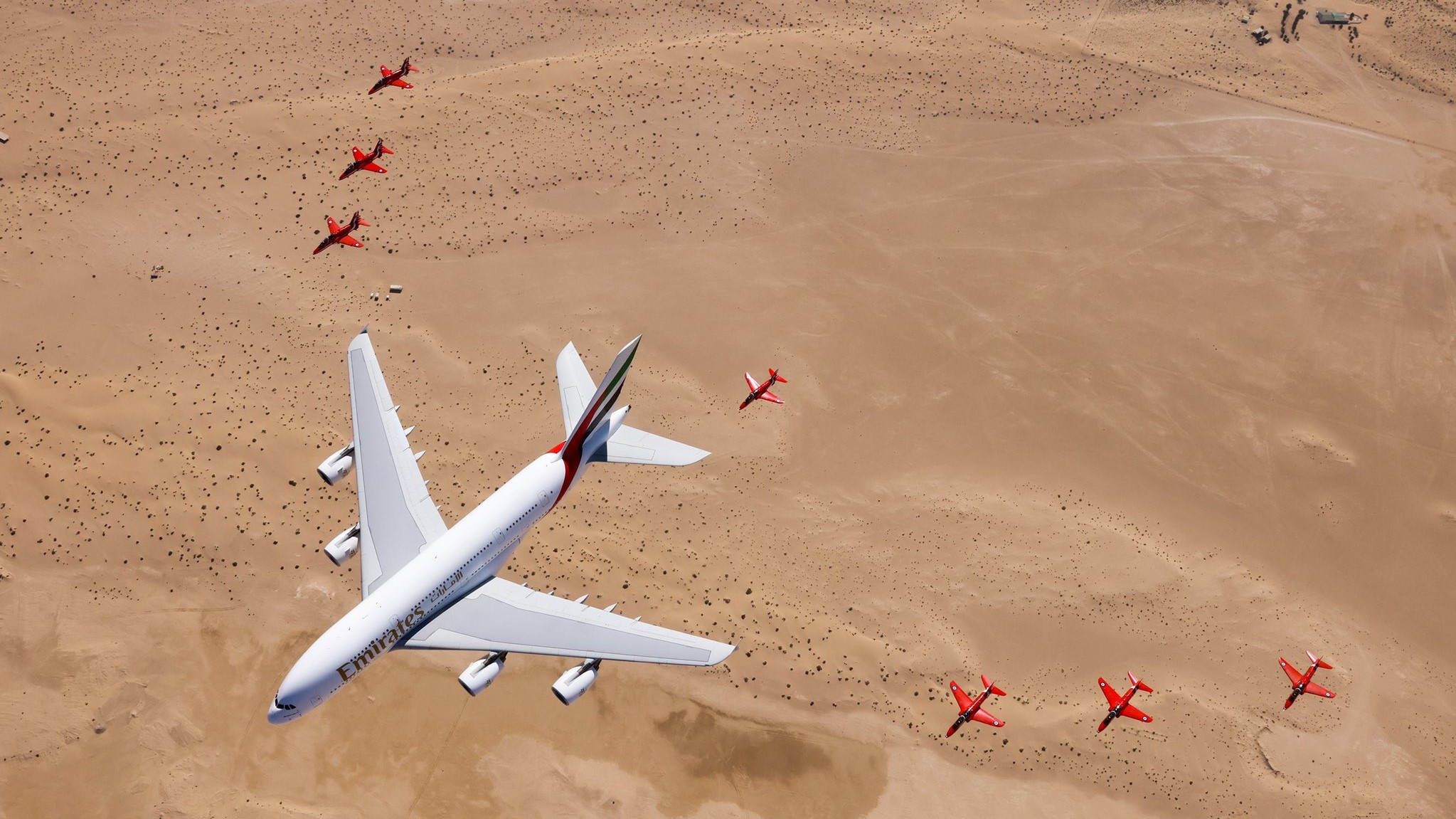 Red Arrows in the UAE as part of the team's Gulf tour with Emirates A380 during Dubai flypast 20112022 CREDIT RAF Red Arrows, AS1 Abigail Drewett