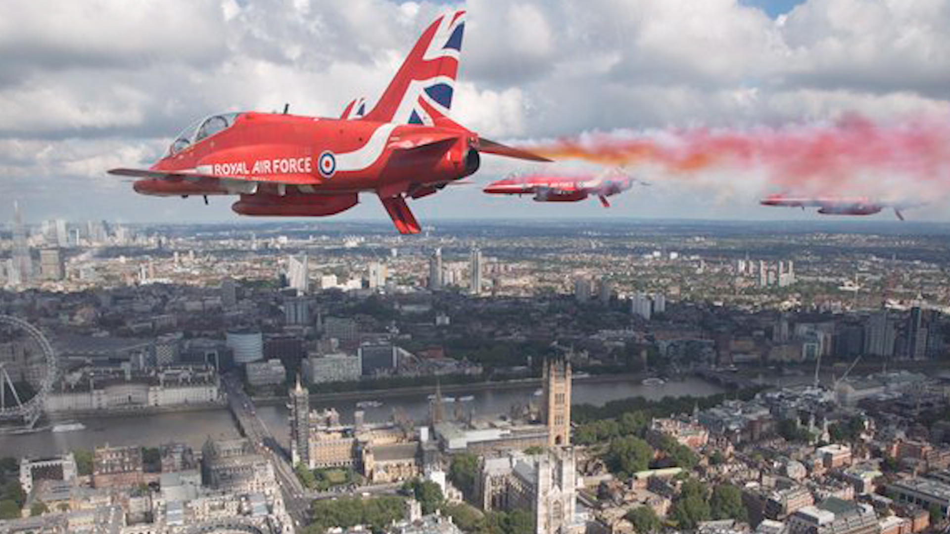 The Red Arrows perform a flypast over London to mark the anniversary (Picture: Red Arrows/Twitter).