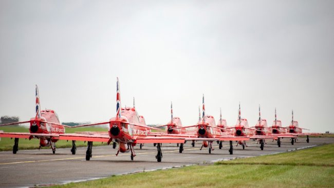 Red Arrows taxiing at RAF Scampton in Lincolnshire ahead of Exercise Western Hawk 