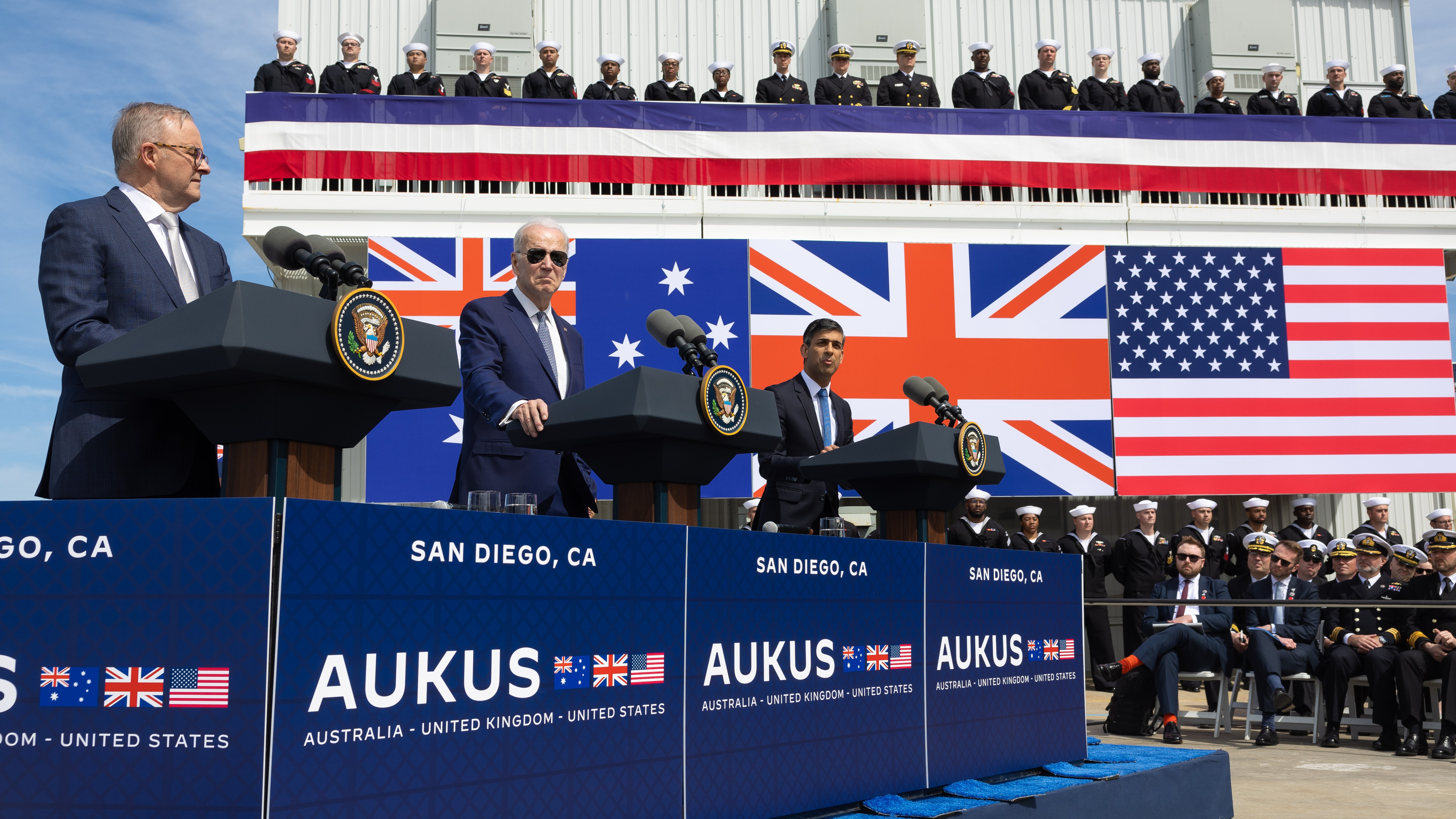 Rishi Sunak, Australia PM Anthony Albanese and US President Joe Biden make a joint statement about future military collaboration 14032023 CREDIT Simon Walker,No 10 Downing Street