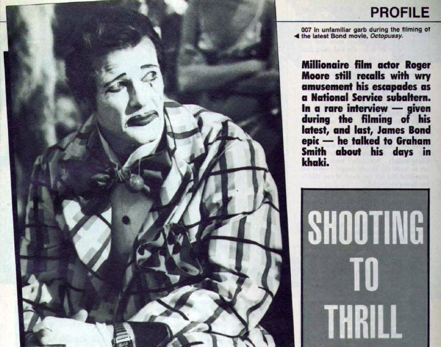 Sir Roger Moore being interviewed by Soldier Magazine on the set of Octopussy, February 1983. Credit: Soldier Magazine
