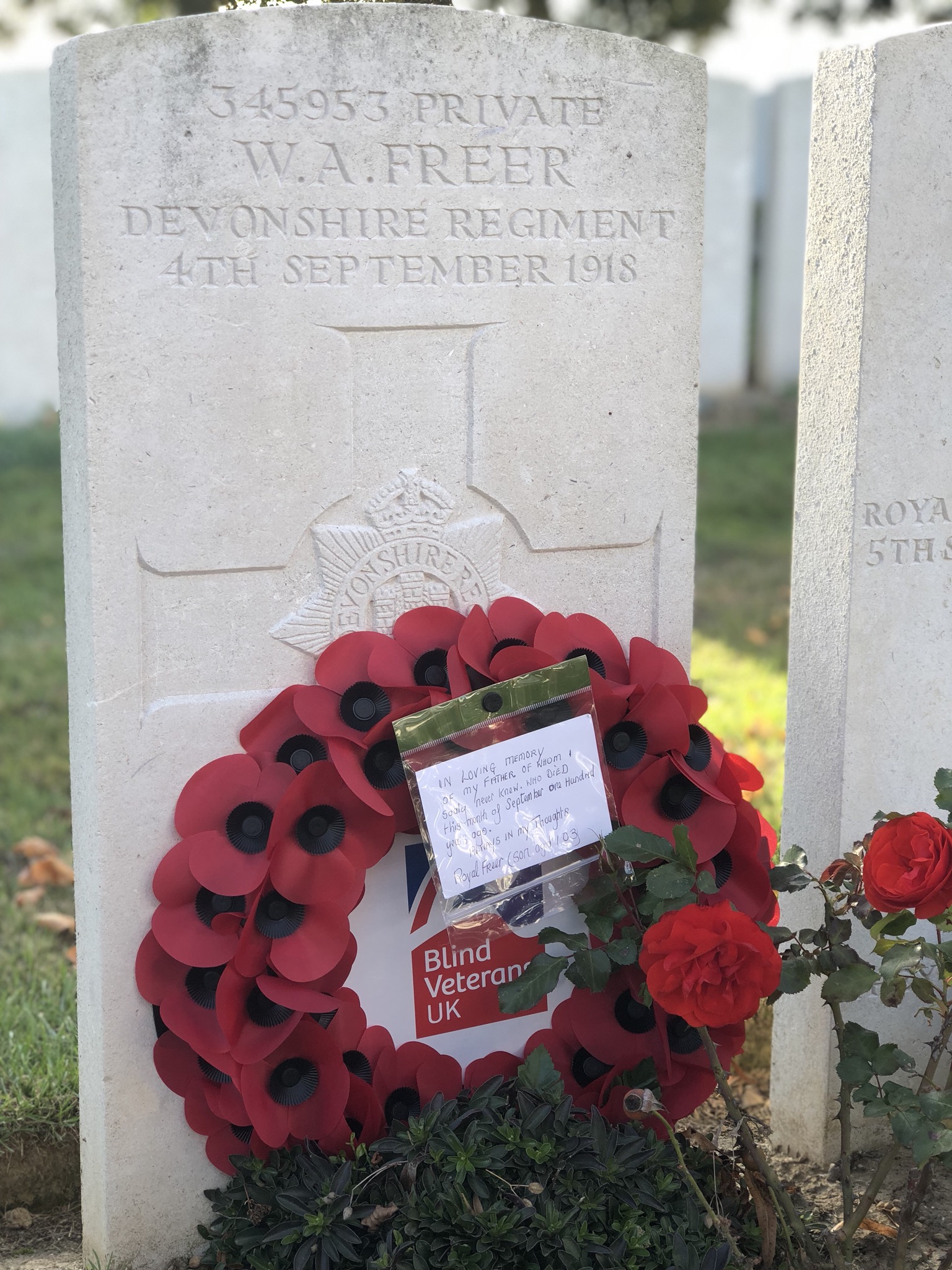 Ron Freer's father W.A. Freer's grave at Dernancourt Communal Cemetary in the Somme CREDIT Blind Veterans UK