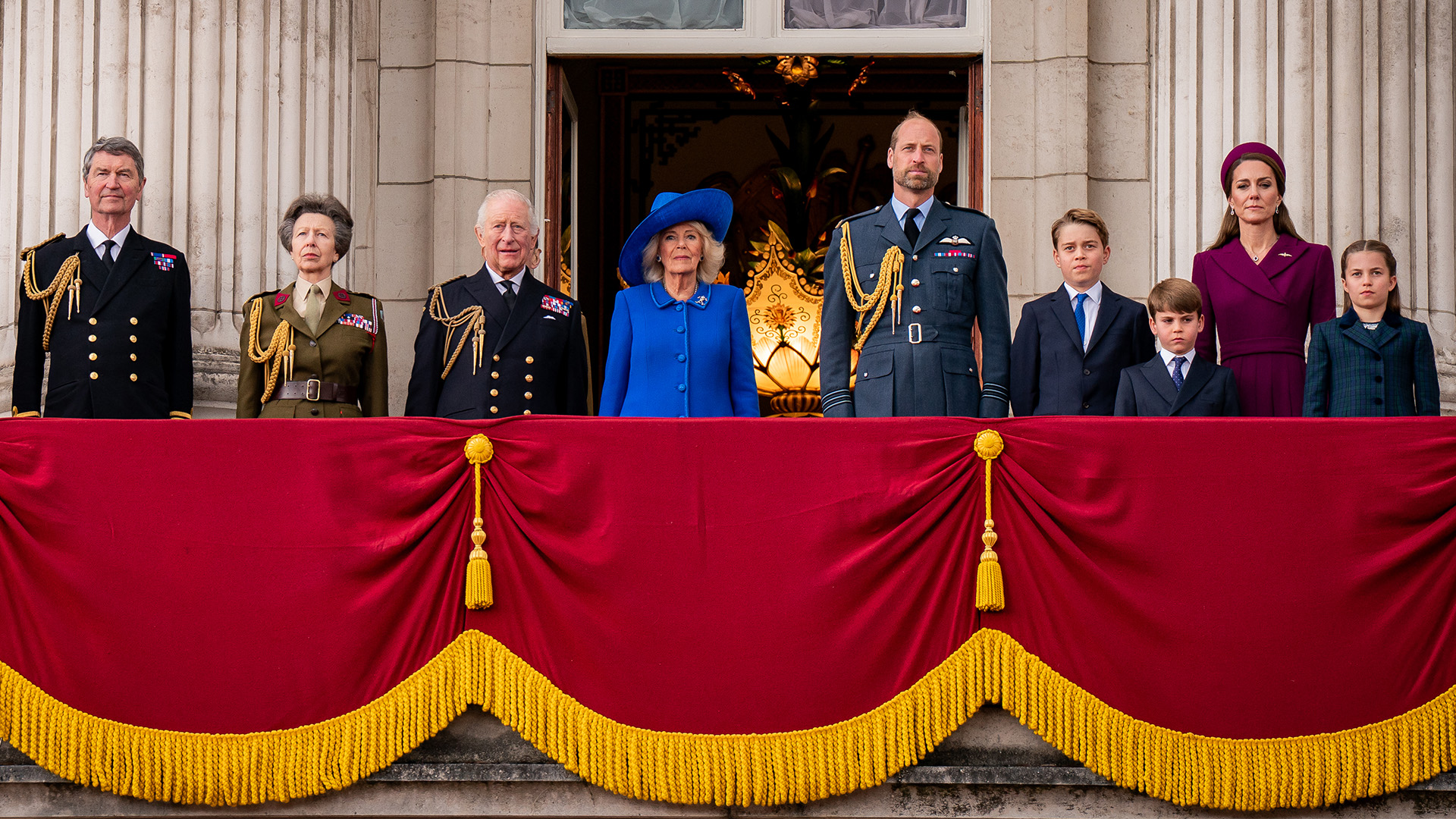 Members of the Royal Family watch the flypast from Buckingham Palace balcony