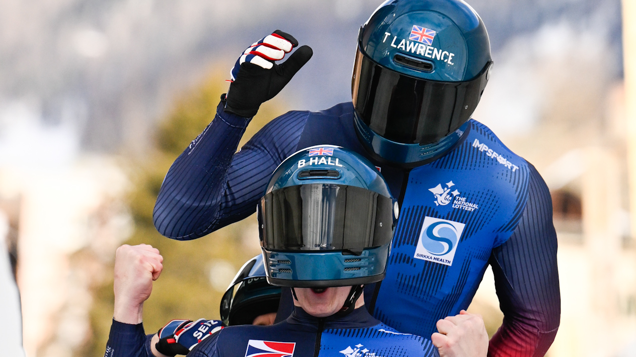 Royal Marine Commando Taylor Lawrence wins gold in the four-man bobsleigh event at the IBSF World Cup (Picture: IBSF)