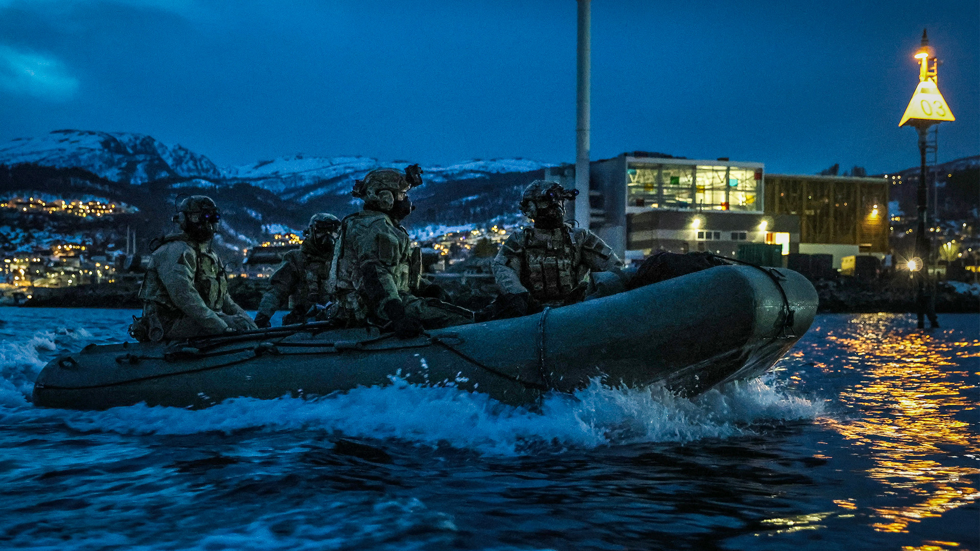 Royal Marine Commandos train using the Norwegian Combat Boat 90 under the cover of darkness